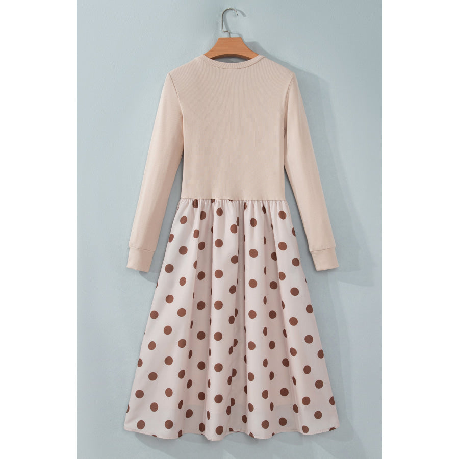 Beige Polka Dot Midi Long Sleeve Dress Dresses/Midi Dresses