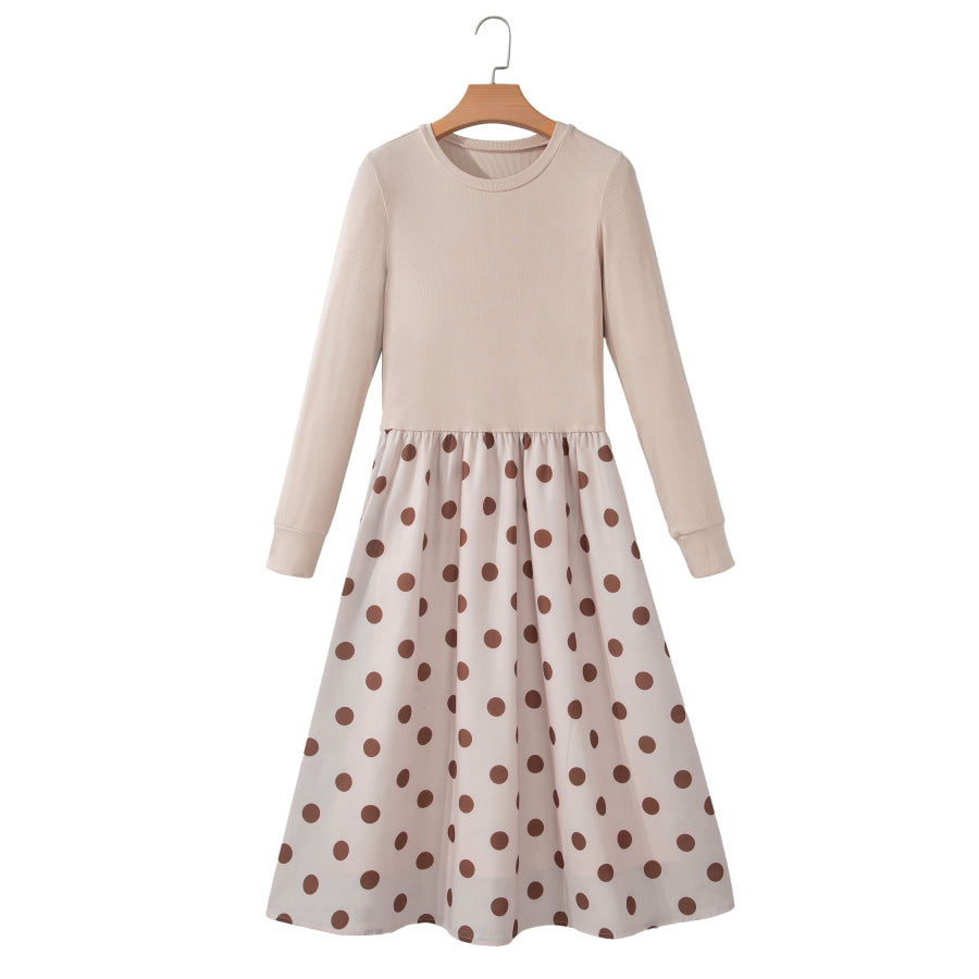 Beige Polka Dot Midi Long Sleeve Dress Dresses/Midi Dresses
