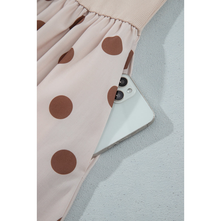Beige Polka Dot Midi Long Sleeve Dress Dresses/Midi Dresses