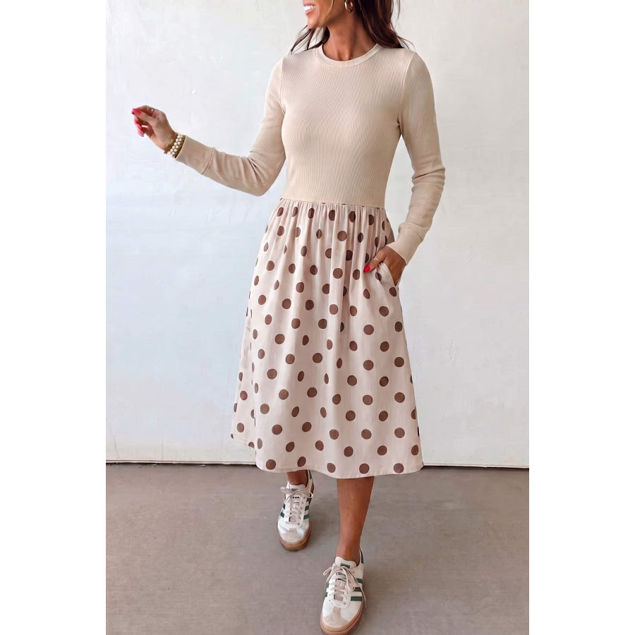 Beige Polka Dot Midi Long Sleeve Dress Beige / S Dresses/Midi Dresses