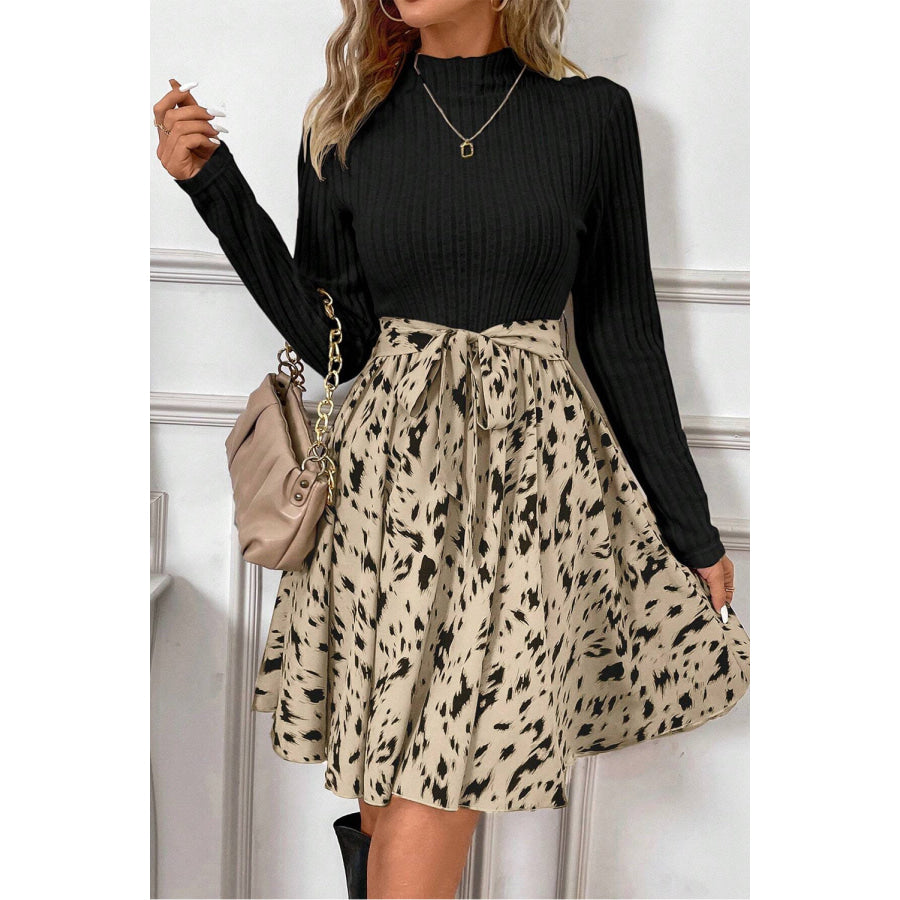 Beige Ribbed Knit Patchwork Printed Belted A-line Dress Black / S / 85% Polyester + 10% Viscose + 5% Elastane Dresses/Mini Dresses