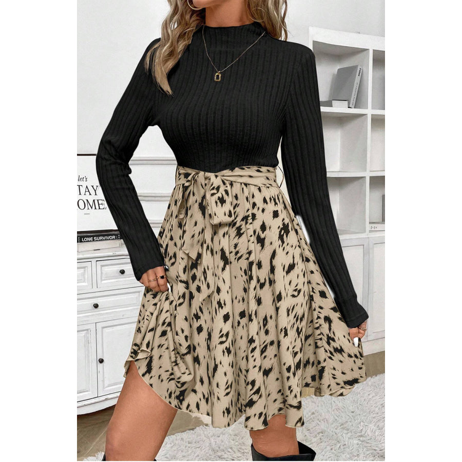 Beige Ribbed Knit Patchwork Printed Belted A-line Dress Dresses/Mini Dresses