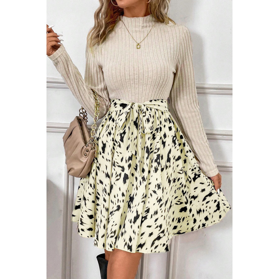 Beige Ribbed Knit Patchwork Printed Belted A-line Dress Beige / S / 85% Polyester + 10% Viscose + 5% Elastane Dresses/Mini Dresses