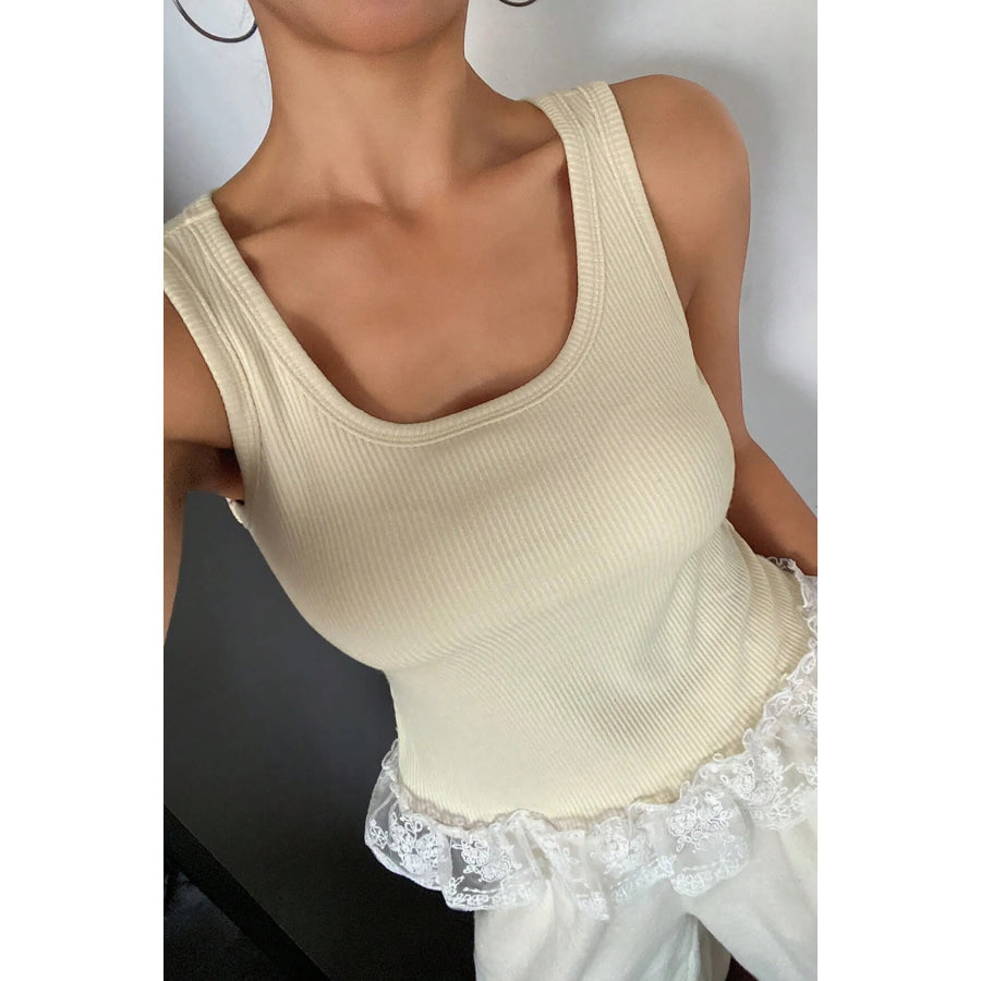 Beige Ribbed Knit Sweet Lace Hem Vest Tops/Tank Tops