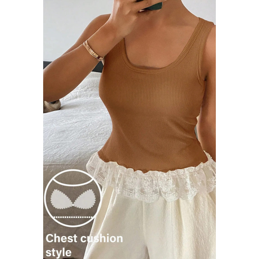 Beige Ribbed Knit Sweet Lace Hem Vest Tops/Tank Tops