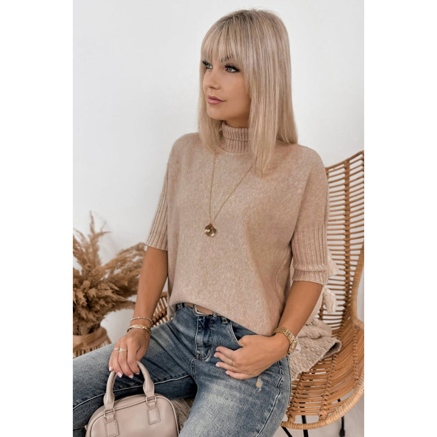 Beige Ribbed Trim High Neck Short Sleeve Casual Sweater Sweaters & Cardigans/Short Sleeve Sweaters
