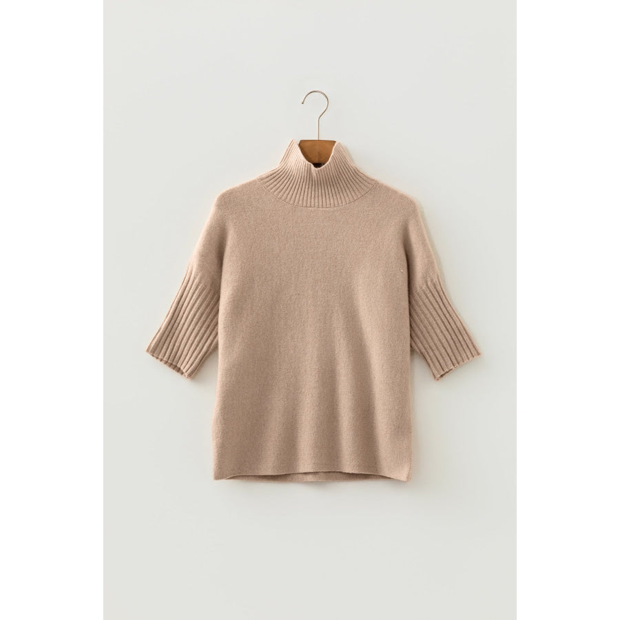 Beige Ribbed Trim High Neck Short Sleeve Casual Sweater Sweaters & Cardigans/Short Sleeve Sweaters