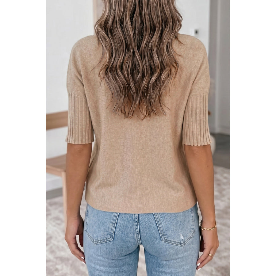 Beige Ribbed Trim High Neck Short Sleeve Casual Sweater Beige / S / 70% Polyester + 20% Acrylic + 10% Polyamide Sweaters & Cardigans/Short