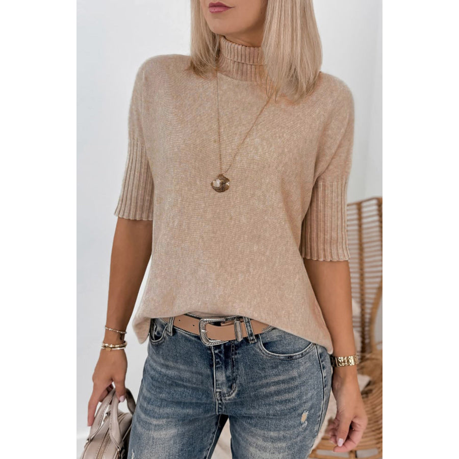 Beige Ribbed Trim High Neck Short Sleeve Casual Sweater Sweaters & Cardigans/Short Sleeve Sweaters