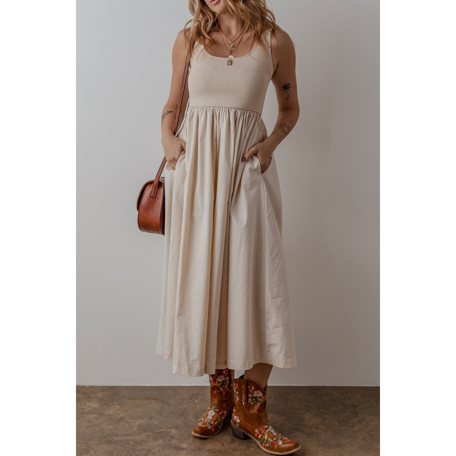 Beige Scoop Neck Ribbed Bodice Pleated Sleeveless Long Dress Dresses/Maxi Dresses