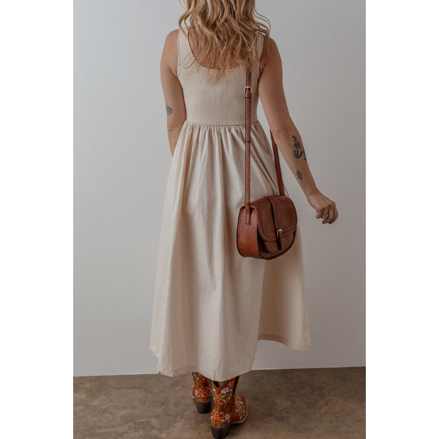 Beige Scoop Neck Ribbed Bodice Pleated Sleeveless Long Dress Dresses/Maxi Dresses
