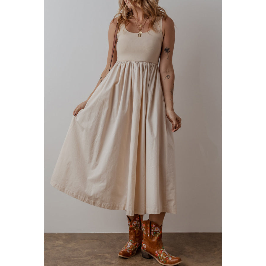 Beige Scoop Neck Ribbed Bodice Pleated Sleeveless Long Dress Beige / S / 100% Cotton Dresses/Maxi Dresses