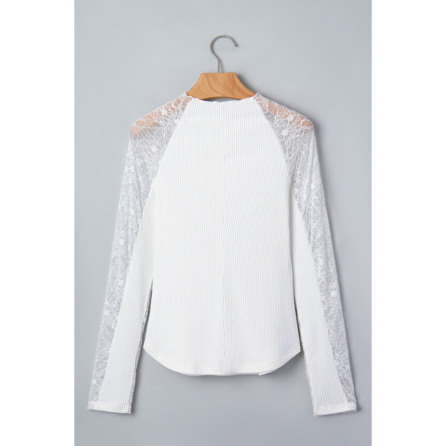 Beige Sheer Lace Long Sleeve Ribbed Slim Top Tops/Long Tops