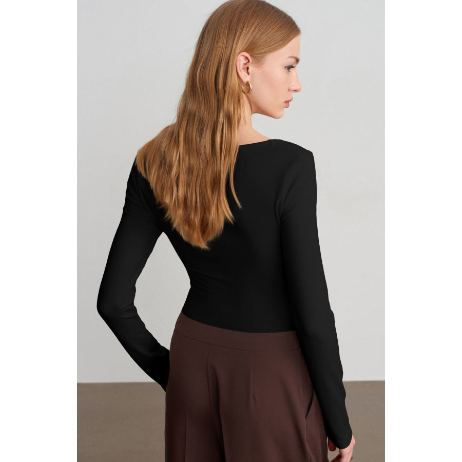 Beige Slim Fit V Neck Long Sleeve Bra Buil-in Top Tops/Long Tops