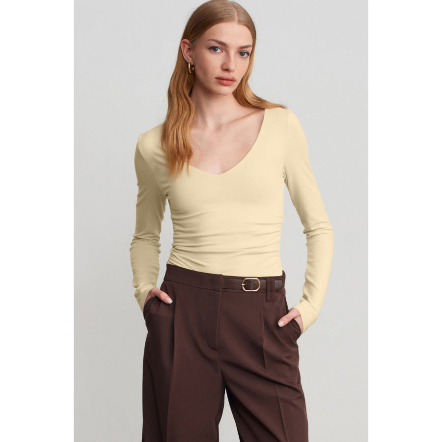 Beige Slim Fit V Neck Long Sleeve Bra Buil-in Top Tops/Long Tops
