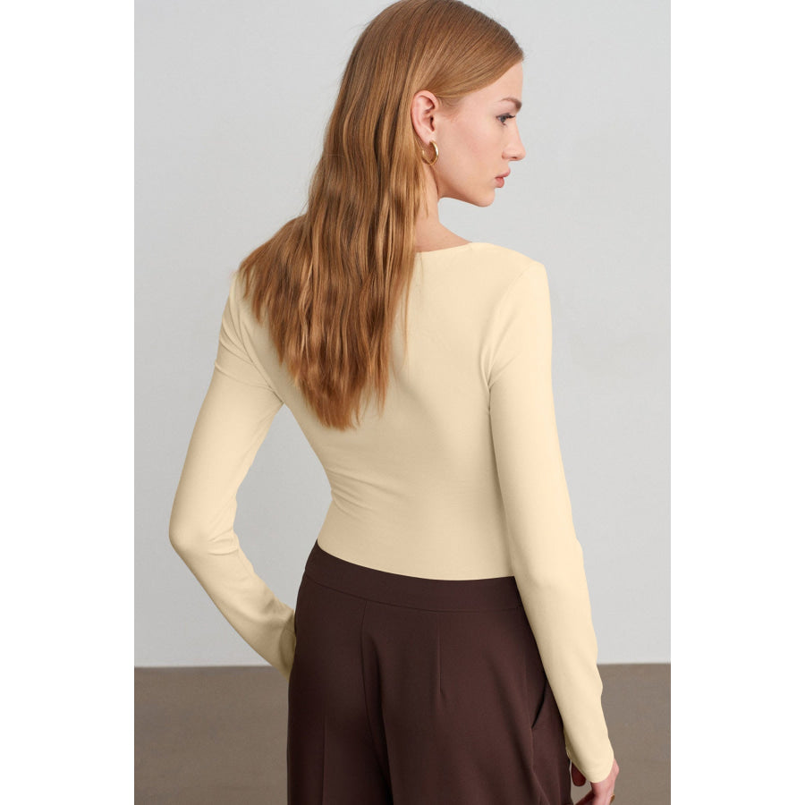 Beige Slim Fit V Neck Long Sleeve Bra Buil-in Top Tops/Long Tops