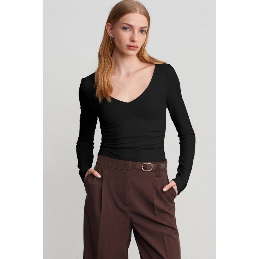 Beige Slim Fit V Neck Long Sleeve Bra Buil-in Top Tops/Long Tops