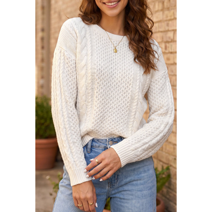 Beige Solid Color Cable Detail Knit Loose Round Neck Sweater Beige / S Sweaters & Cardigans/Sweaters