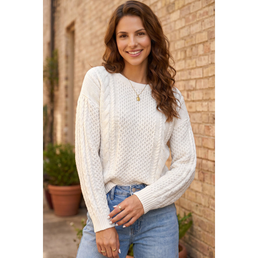 Beige Solid Color Cable Detail Knit Loose Round Neck Sweater Sweaters & Cardigans/Sweaters