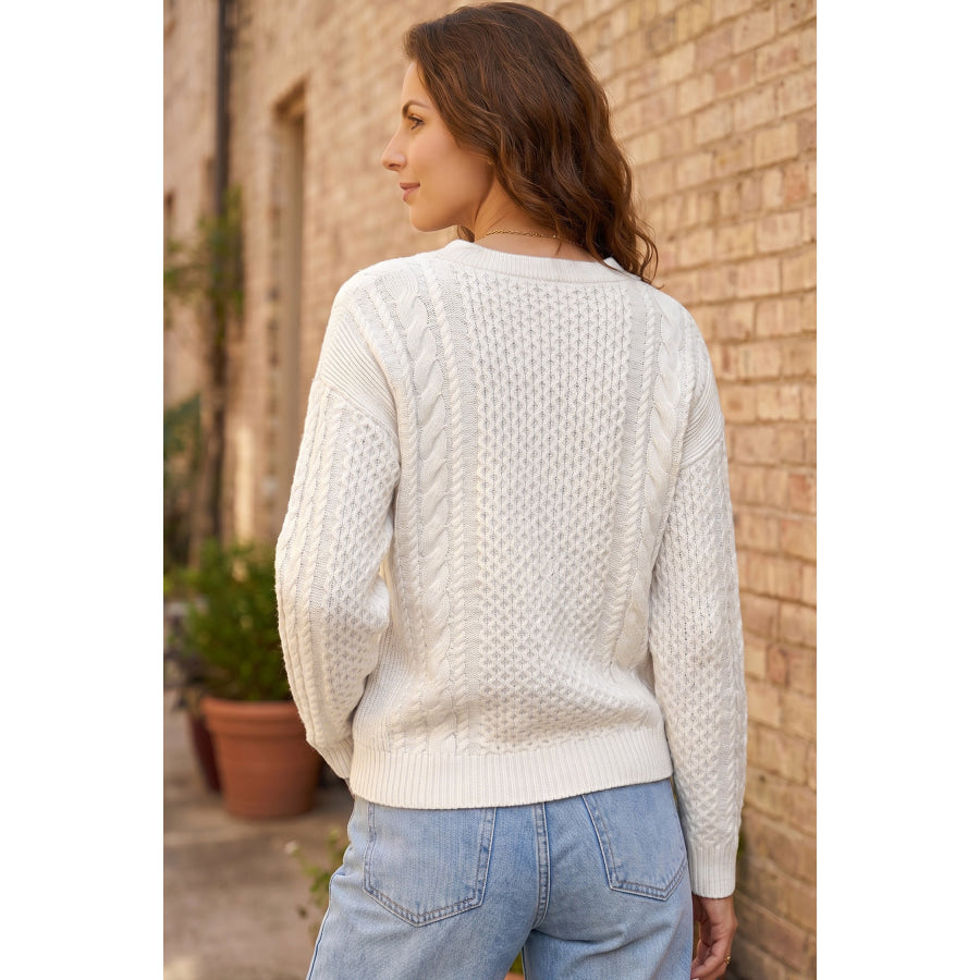 Beige Solid Color Cable Detail Knit Loose Round Neck Sweater Sweaters & Cardigans/Sweaters