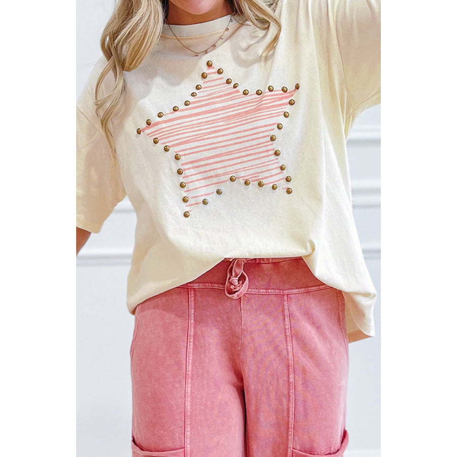 Beige Star Print Stud Detail Cotton Jersey Top Beige / S / 100% Cotton Tops/Tops & Tees