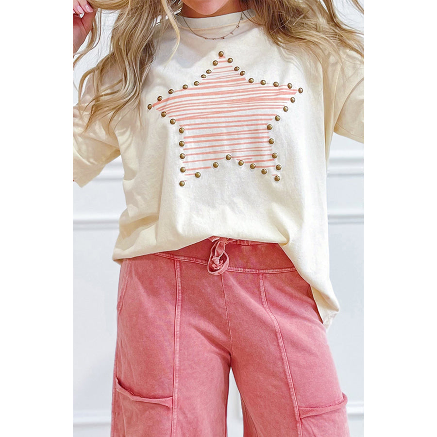 Beige Star Print Stud Detail Cotton Jersey Top Tops/Tops & Tees