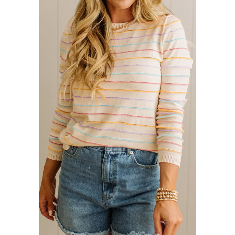 Beige Stripe Colorful Stripes Crew Neck Knit Sweater Sweaters & Cardigans/Sweaters
