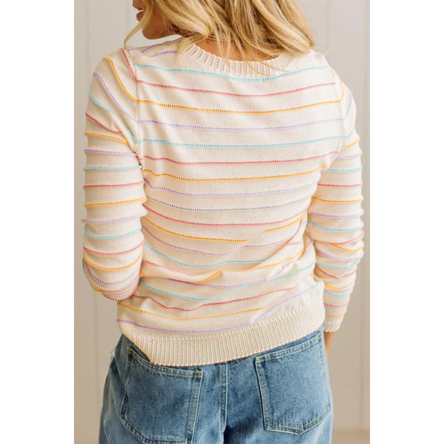 Beige Stripe Colorful Stripes Crew Neck Knit Sweater Sweaters & Cardigans/Sweaters