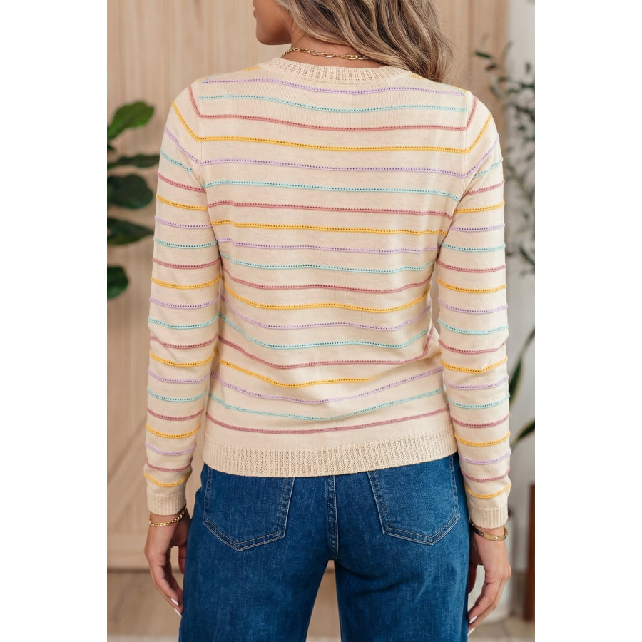 Beige Stripe Colorful Stripes Crew Neck Knit Sweater Beige Stripe / S / 52% Viscose + 26% Polyester + 22% Polyamide Sweaters &