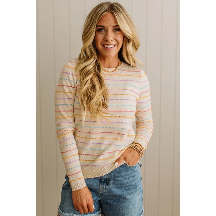 Beige Stripe Colorful Stripes Crew Neck Knit Sweater Sweaters & Cardigans/Sweaters