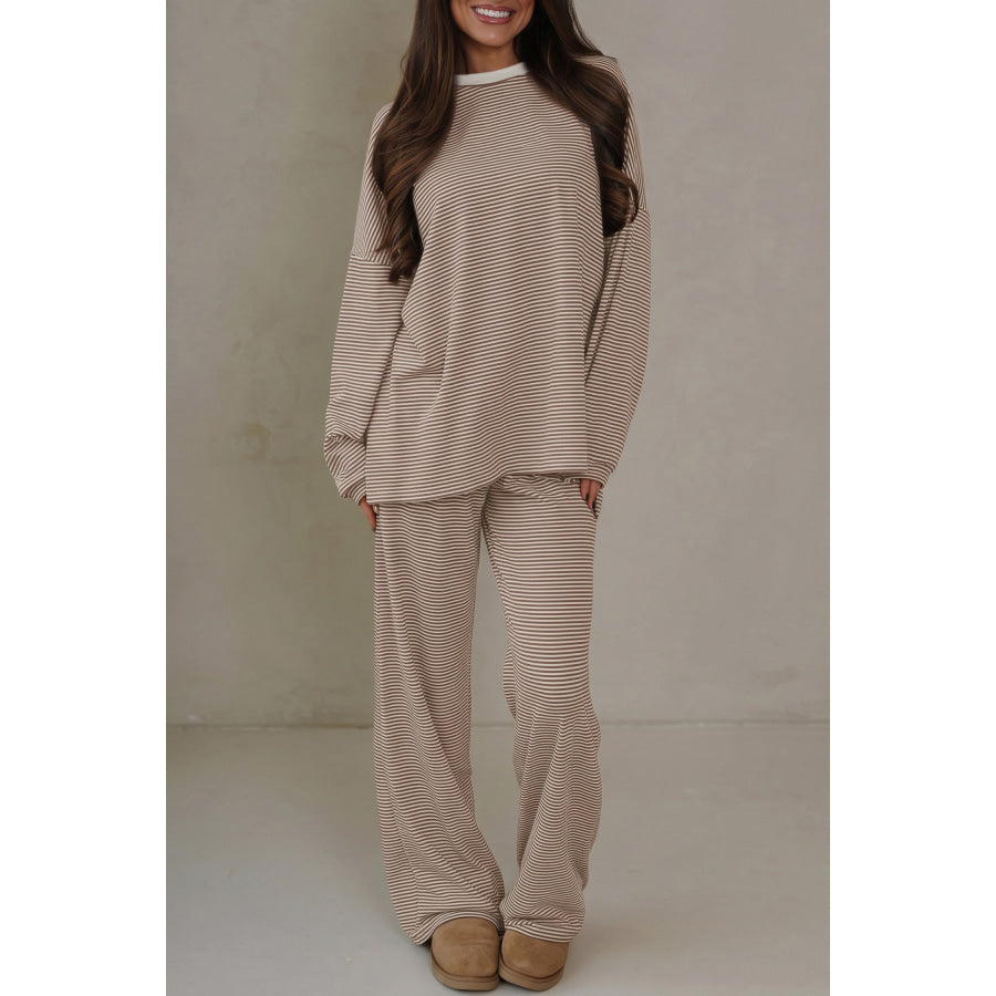 Beige Stripe Contrast Trim Round Neck Oversize Long Sleeve Top 2pcs Pant Set / S / 90% Polyester + 10% Elastane Two Piece Sets/Pant Sets
