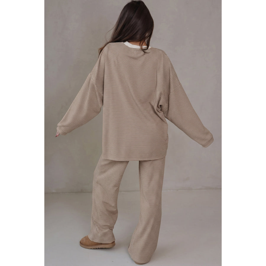 Beige Stripe Contrast Trim Round Neck Oversize Long Sleeve Top 2pcs Pant Set Two Piece Sets/Pant Sets