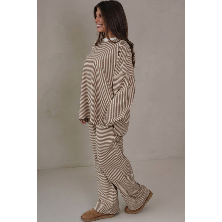 Beige Stripe Contrast Trim Round Neck Oversize Long Sleeve Top 2pcs Pant Set Two Piece Sets/Pant Sets