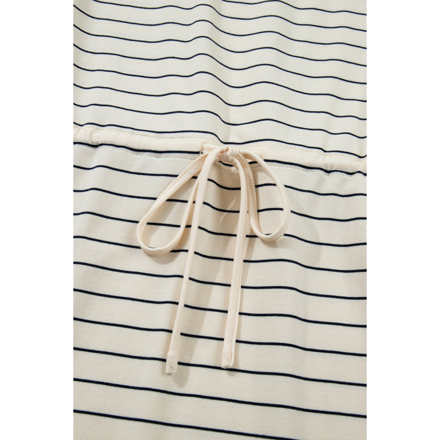 Beige Stripe Drawstring Tunic Tank Mini Dress with Pockets Dresses/Mini Dresses