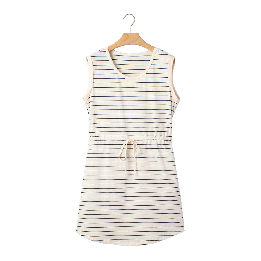 Beige Stripe Drawstring Tunic Tank Mini Dress with Pockets Dresses/Mini Dresses