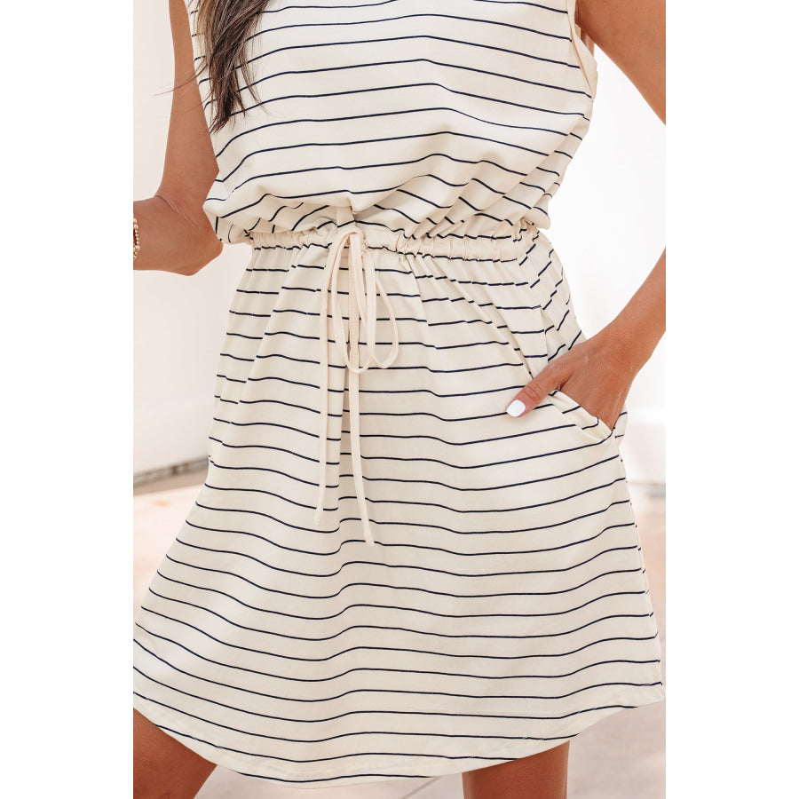 Beige Stripe Drawstring Tunic Tank Mini Dress with Pockets Dresses/Mini Dresses