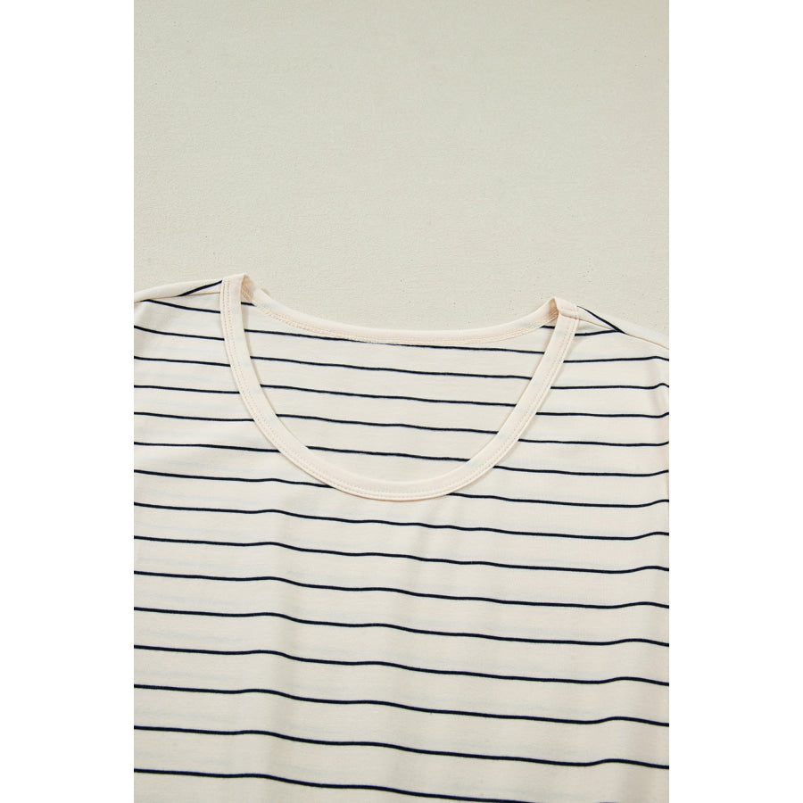 Beige Stripe Drawstring Tunic Tank Mini Dress with Pockets Dresses/Mini Dresses
