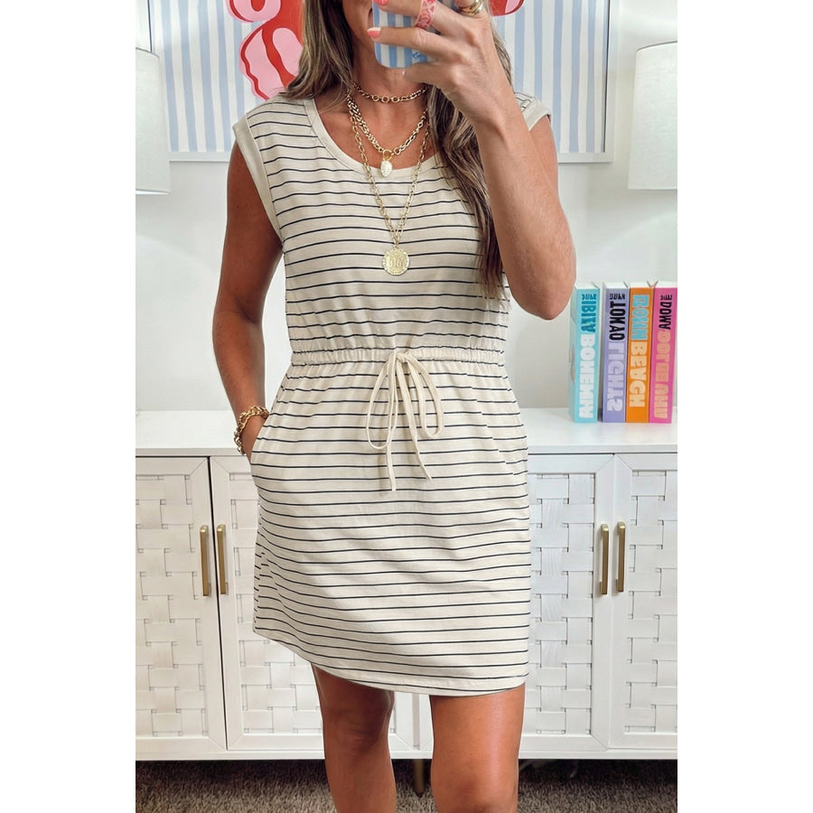 Beige Stripe Drawstring Tunic Tank Mini Dress with Pockets Beige Stripe / S / 95% Cotton + 5% Elastane Dresses/Mini Dresses