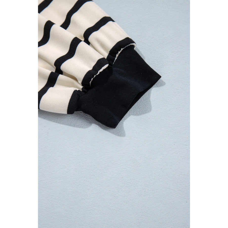 Beige Stripe Relaxed Long Sleeve Top Color Block Detail Drawstring Pant Set Two Piece Sets/Pant Sets