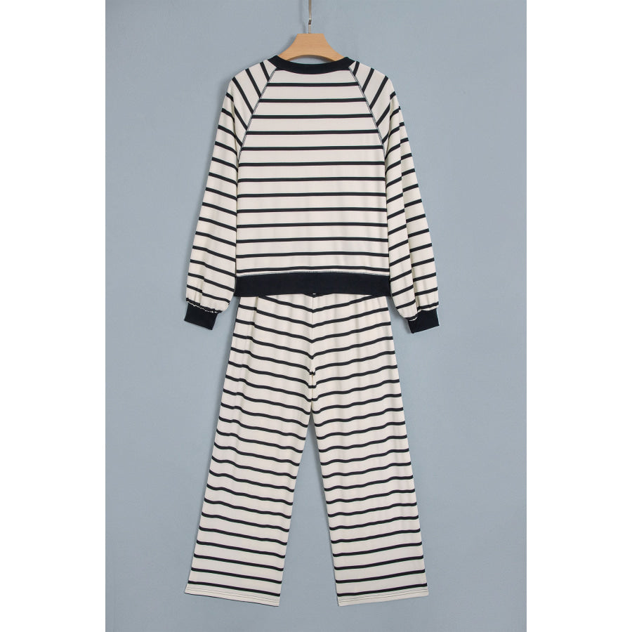 Beige Stripe Relaxed Long Sleeve Top Color Block Detail Drawstring Pant Set Two Piece Sets/Pant Sets