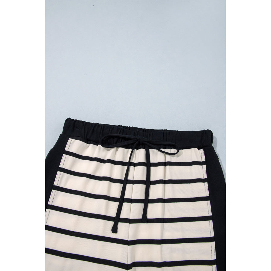 Beige Stripe Relaxed Long Sleeve Top Color Block Detail Drawstring Pant Set Two Piece Sets/Pant Sets