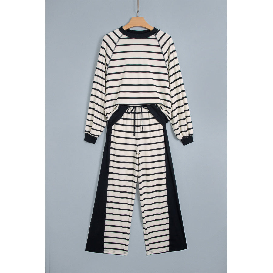 Beige Stripe Relaxed Long Sleeve Top Color Block Detail Drawstring Pant Set Two Piece Sets/Pant Sets