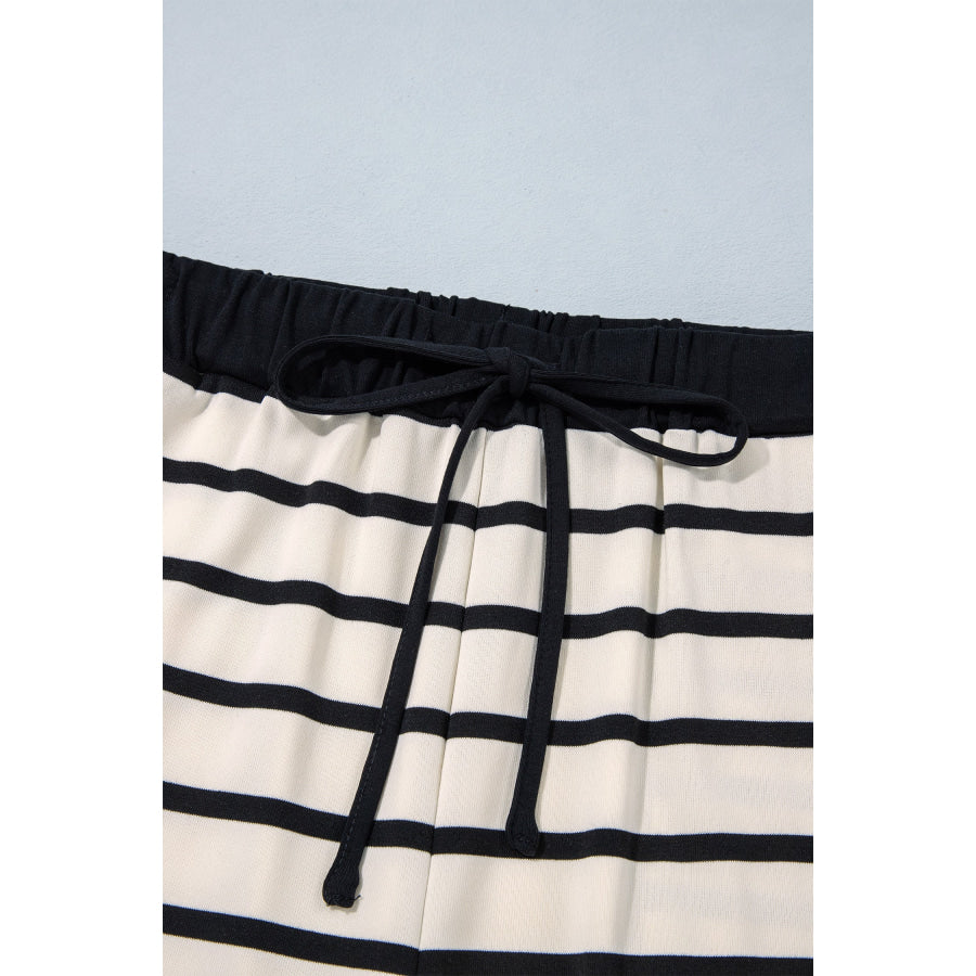 Beige Stripe Relaxed Long Sleeve Top Color Block Detail Drawstring Pant Set Two Piece Sets/Pant Sets