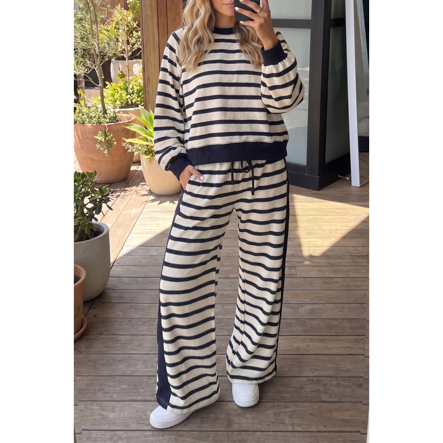 Beige Stripe Relaxed Long Sleeve Top Color Block Detail Drawstring Pant Set Beige Stripe / S Two Piece Sets/Pant Sets