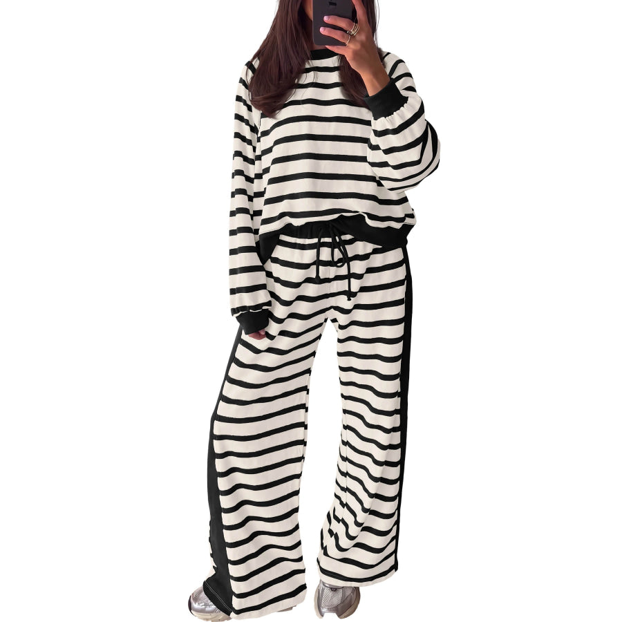 Beige Stripe Relaxed Long Sleeve Top Color Block Detail Drawstring Pant Set Two Piece Sets/Pant Sets