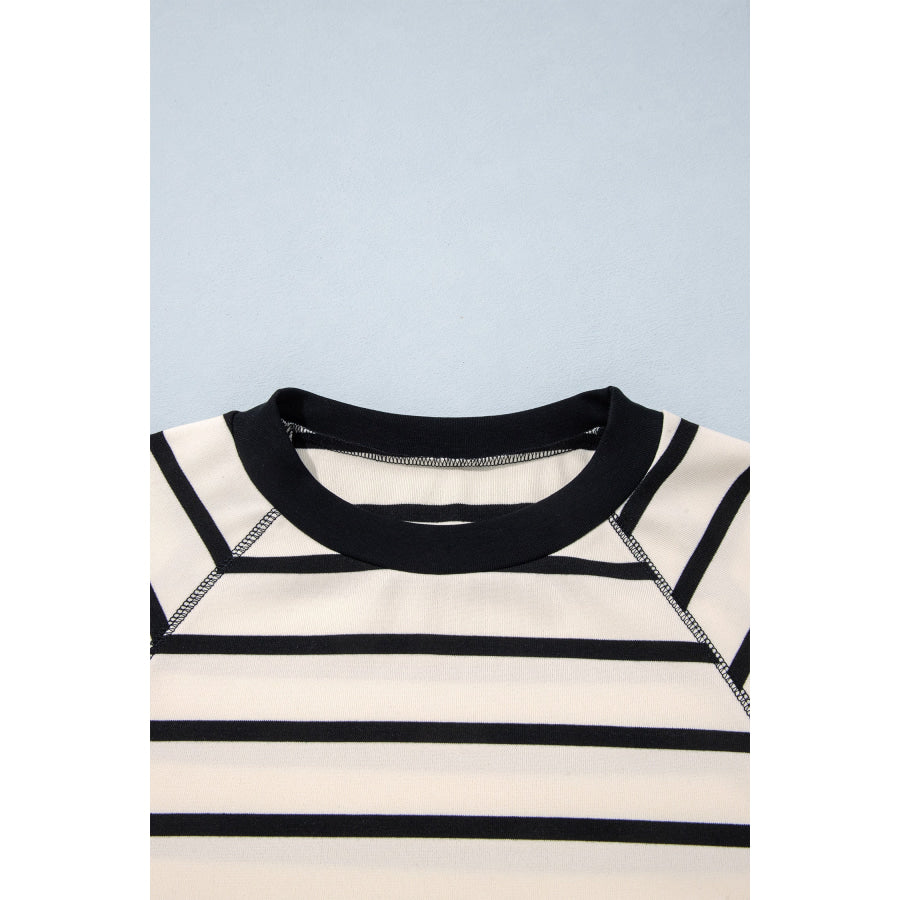 Beige Stripe Relaxed Long Sleeve Top Color Block Detail Drawstring Pant Set Two Piece Sets/Pant Sets