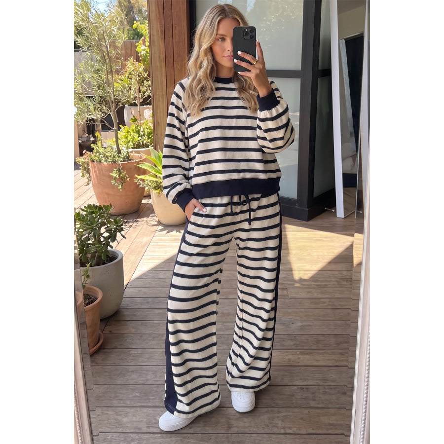 Beige Stripe Relaxed Long Sleeve Top Color Block Detail Drawstring Pant Set Two Piece Sets/Pant Sets