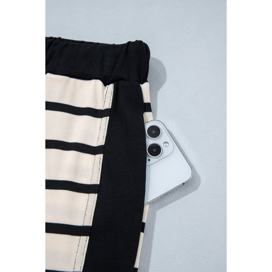 Beige Stripe Relaxed Long Sleeve Top Color Block Detail Drawstring Pant Set Two Piece Sets/Pant Sets