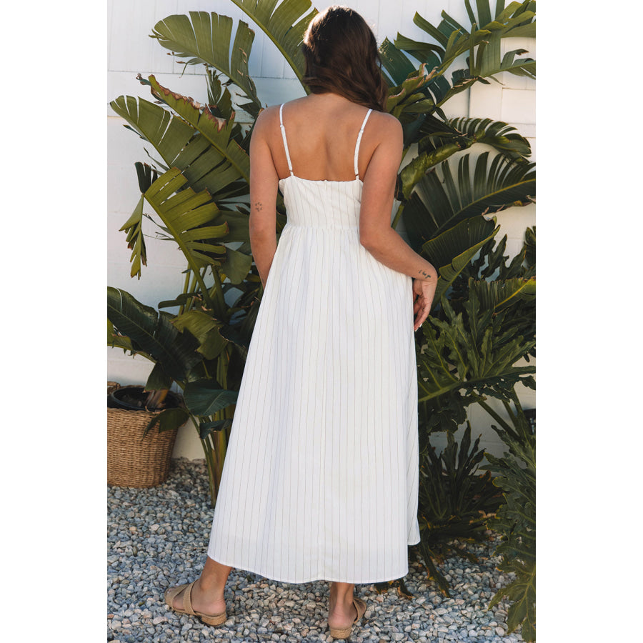 Beige Stripe Spaghetti Strap Pocketed High Waist Maxi Dress Dresses/Maxi Dresses