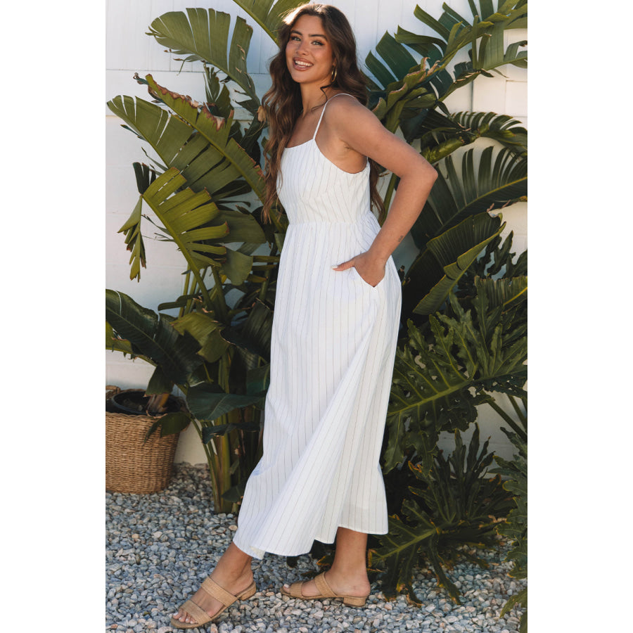 Beige Stripe Spaghetti Strap Pocketed High Waist Maxi Dress Dresses/Maxi Dresses